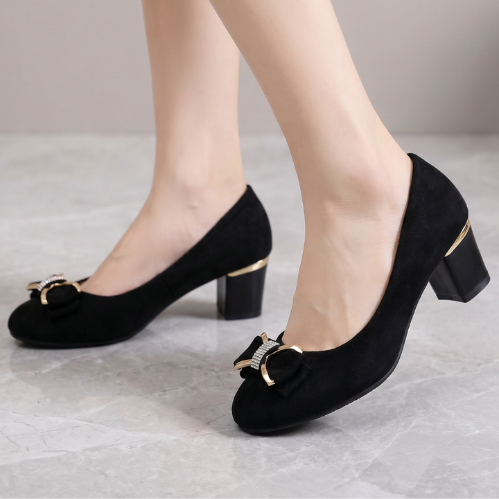 Cobalt Reverie — Velvet Block Heel Pump with Jeweled Bow