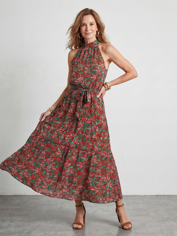 Julia | High Neck Floral Tiered Midi Dress