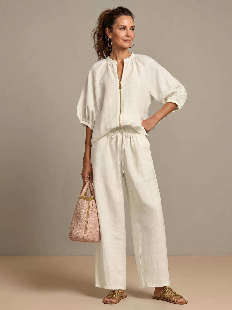 Jullia | Zip Front Blouson Top Wide Leg Set