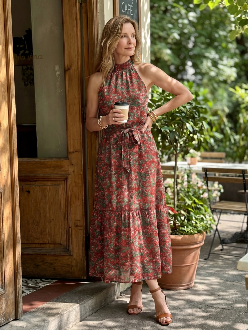 Julia | High Neck Floral Tiered Midi Dress