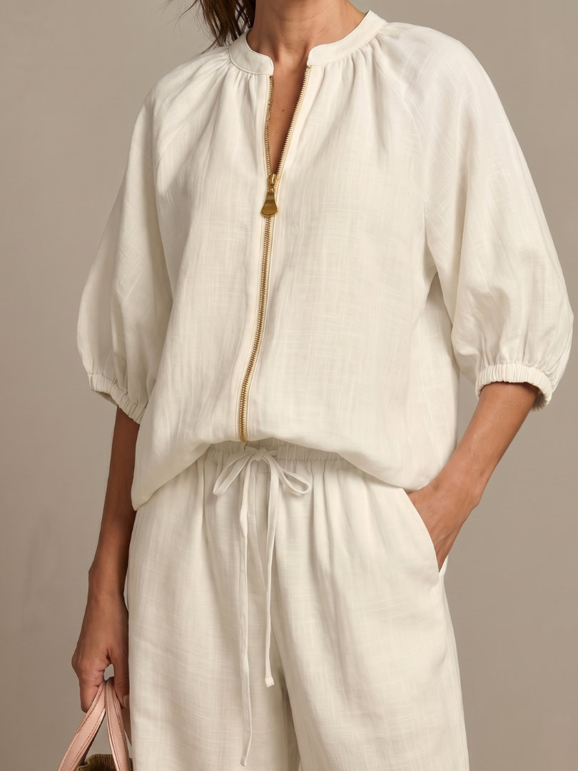 Jullia | Zip Front Blouson Top Wide Leg Set