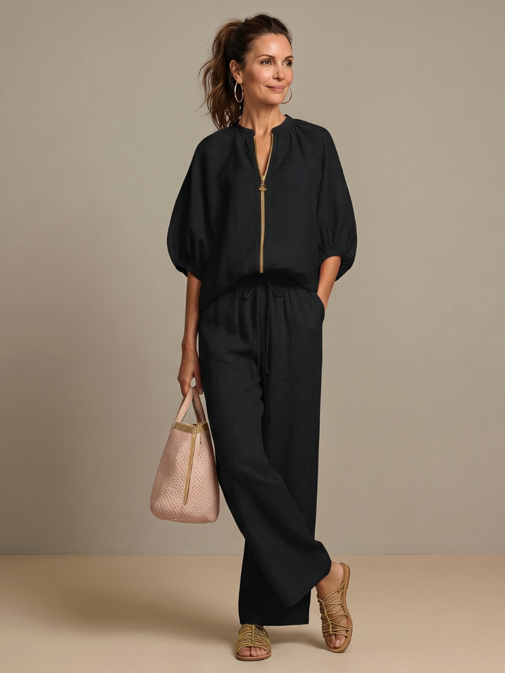 Jullia | Zip Front Blouson Top Wide Leg Set