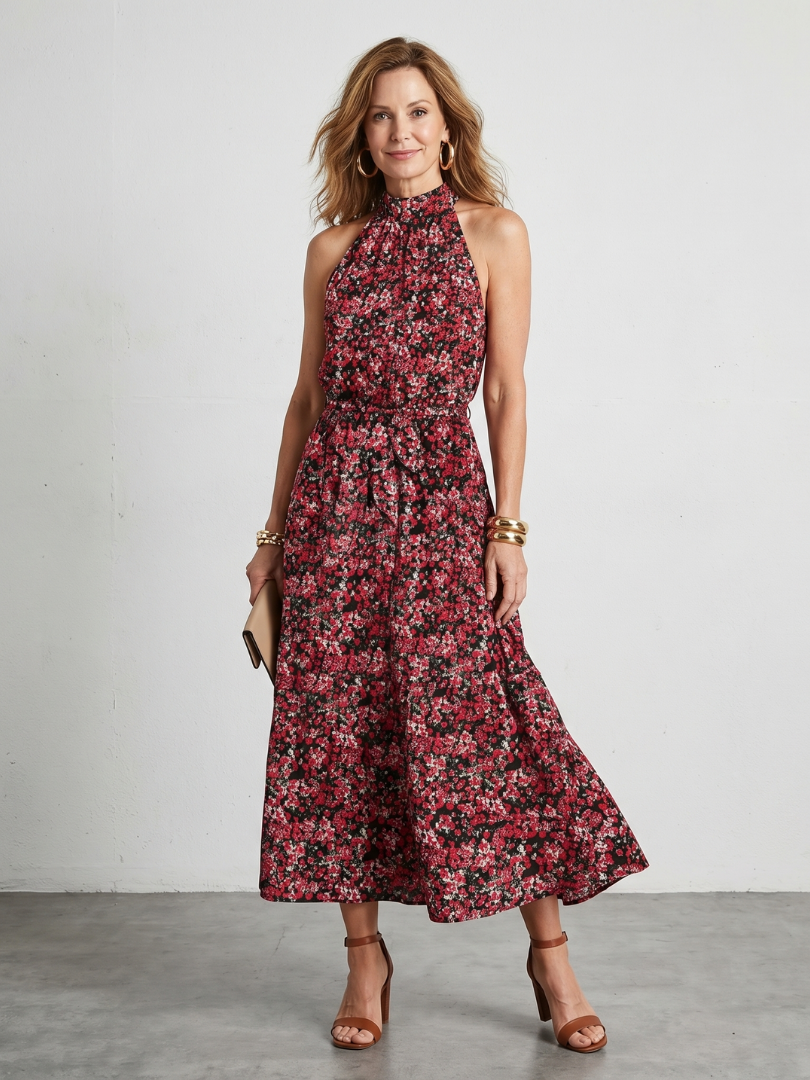 Julia | High Neck Floral Tiered Midi Dress