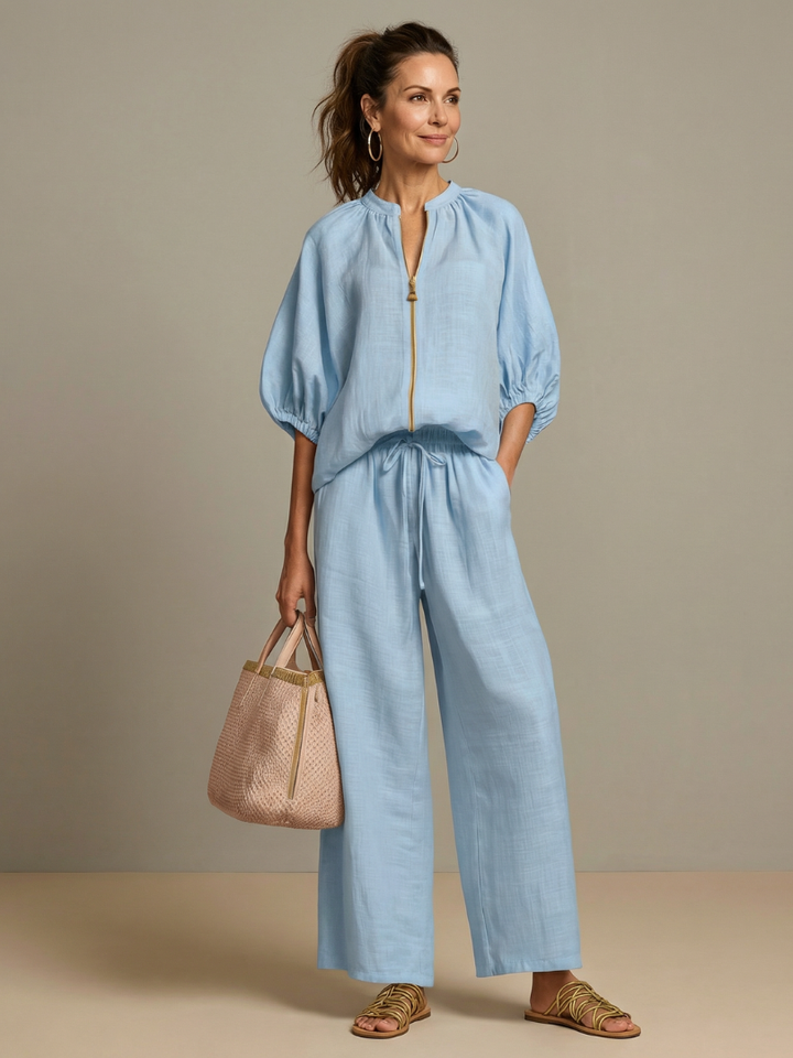 Jullia | Zip Front Blouson Top Wide Leg Set