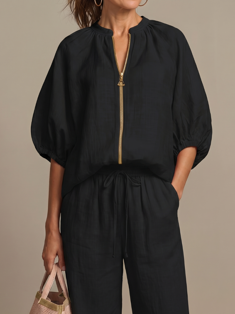 Jullia | Zip Front Blouson Top Wide Leg Set