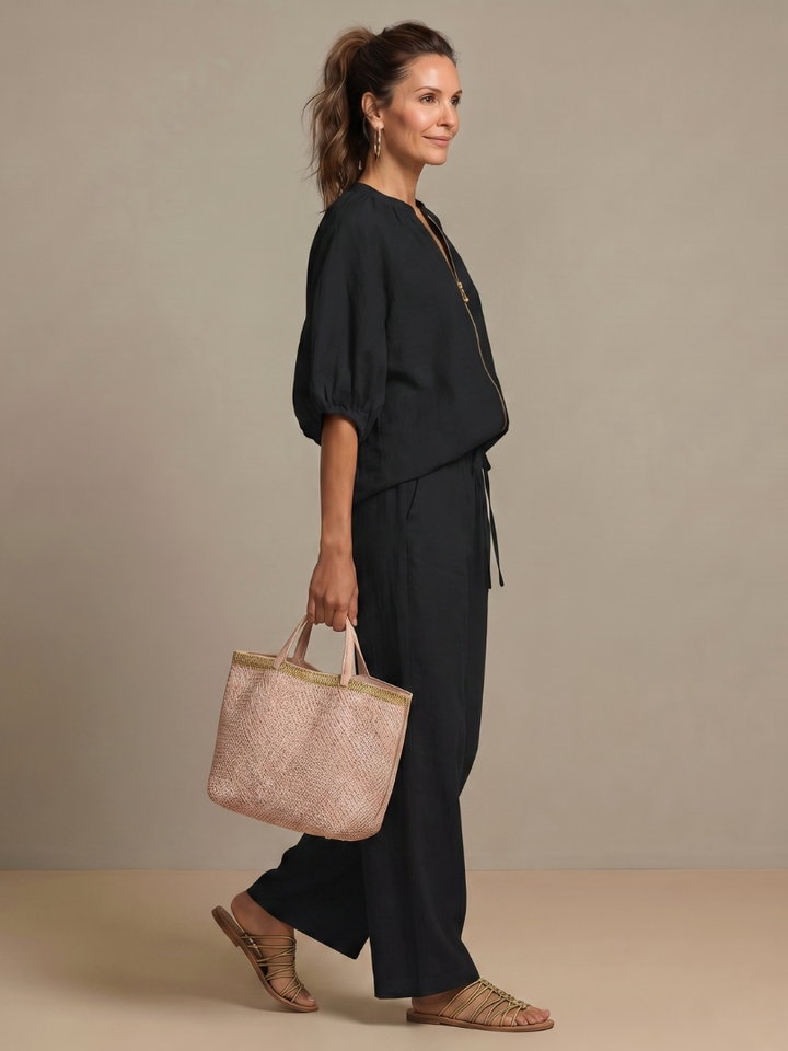 Jullia | Zip Front Blouson Top Wide Leg Set