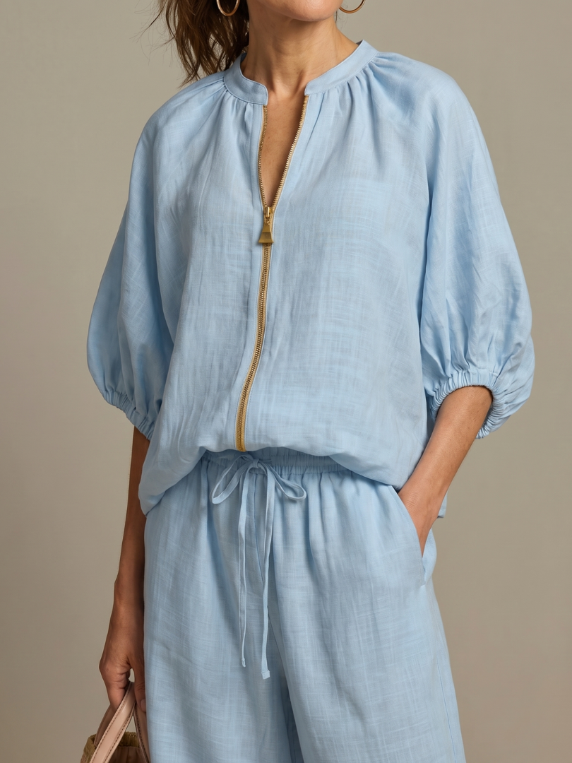 Jullia | Zip Front Blouson Top Wide Leg Set