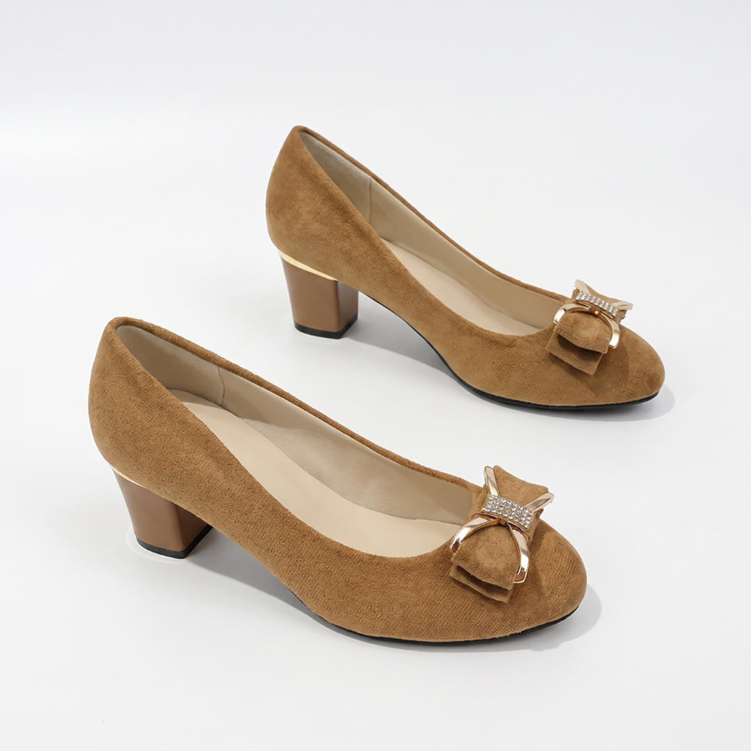 Cobalt Reverie — Velvet Block Heel Pump with Jeweled Bow
