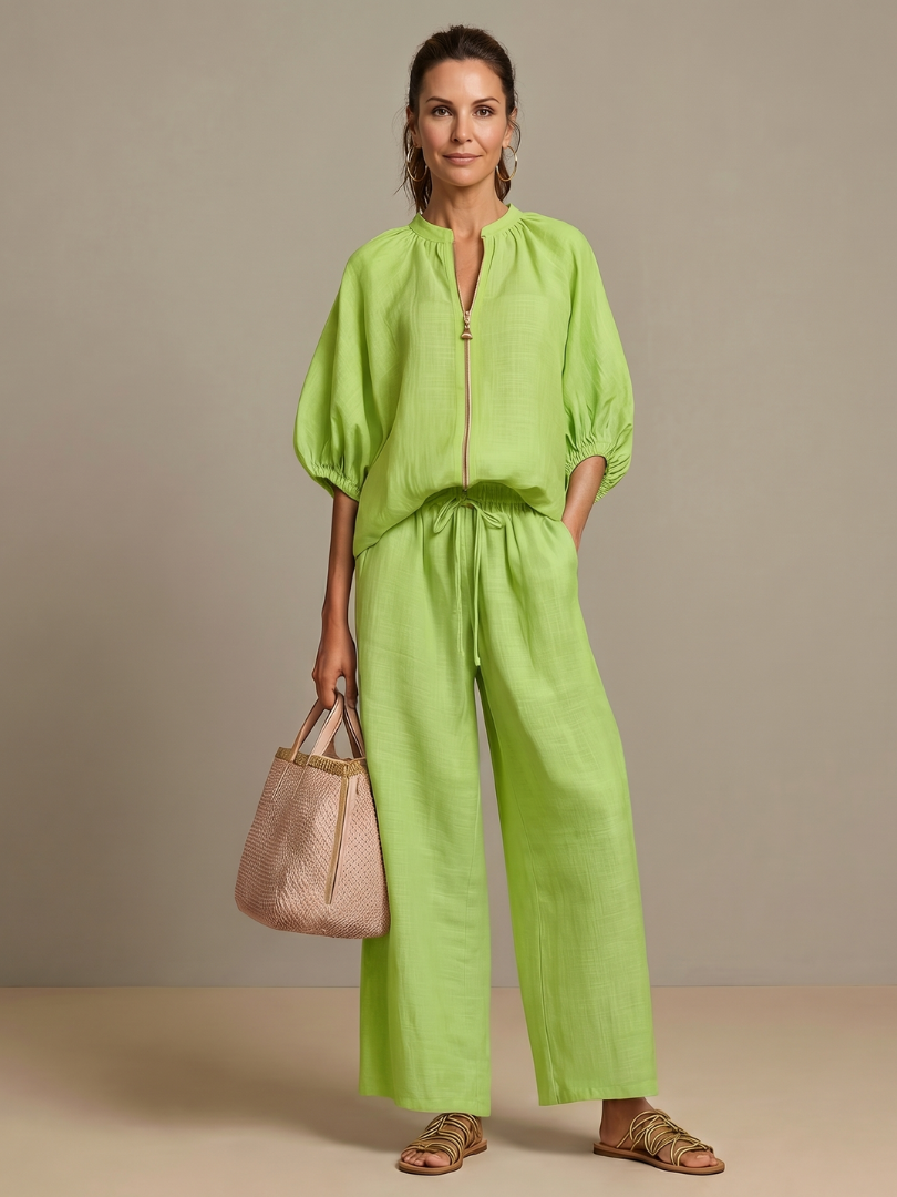 Jullia | Zip Front Blouson Top Wide Leg Set