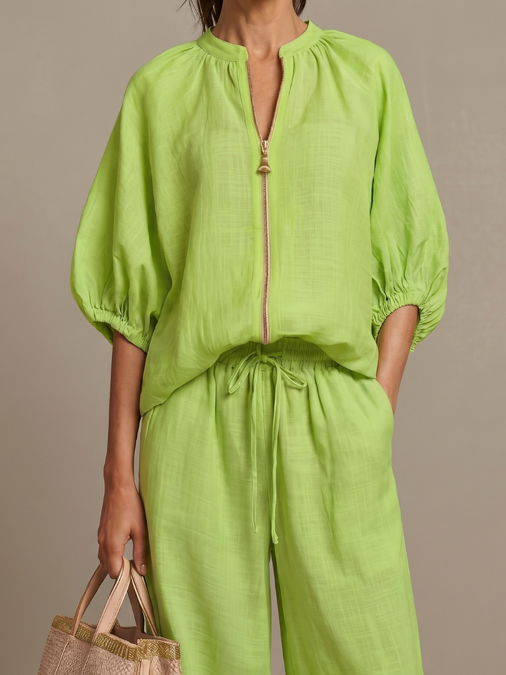 Jullia | Zip Front Blouson Top Wide Leg Set