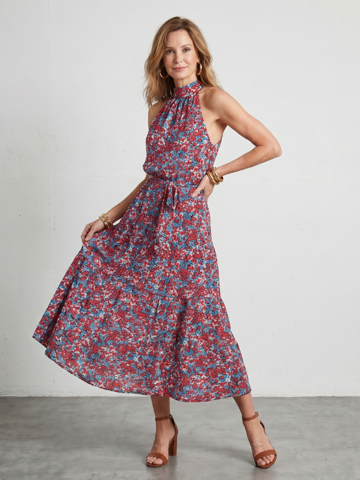 Julia | High Neck Floral Tiered Midi Dress