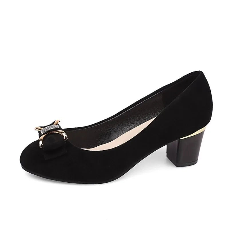 Cobalt Reverie — Velvet Block Heel Pump with Jeweled Bow
