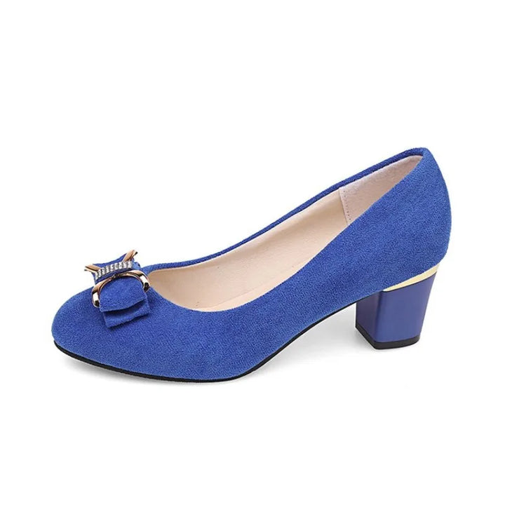 Cobalt Reverie — Velvet Block Heel Pump with Jeweled Bow