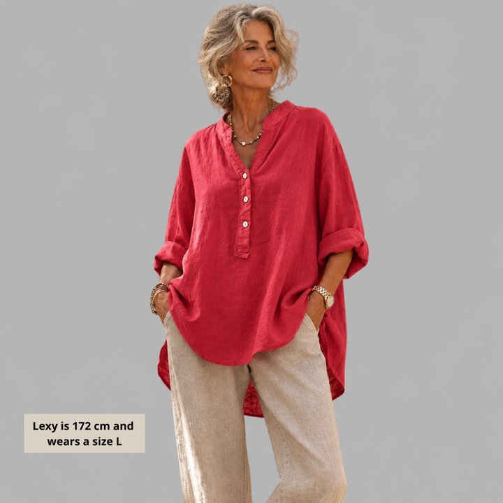 Veronique™ Elegant Cotton-Linen V-Neck Blouse
