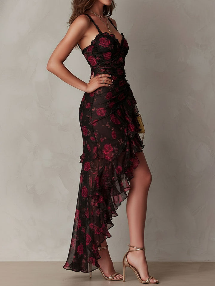 Scarlett | Black & Red Floral Ruffle Dress