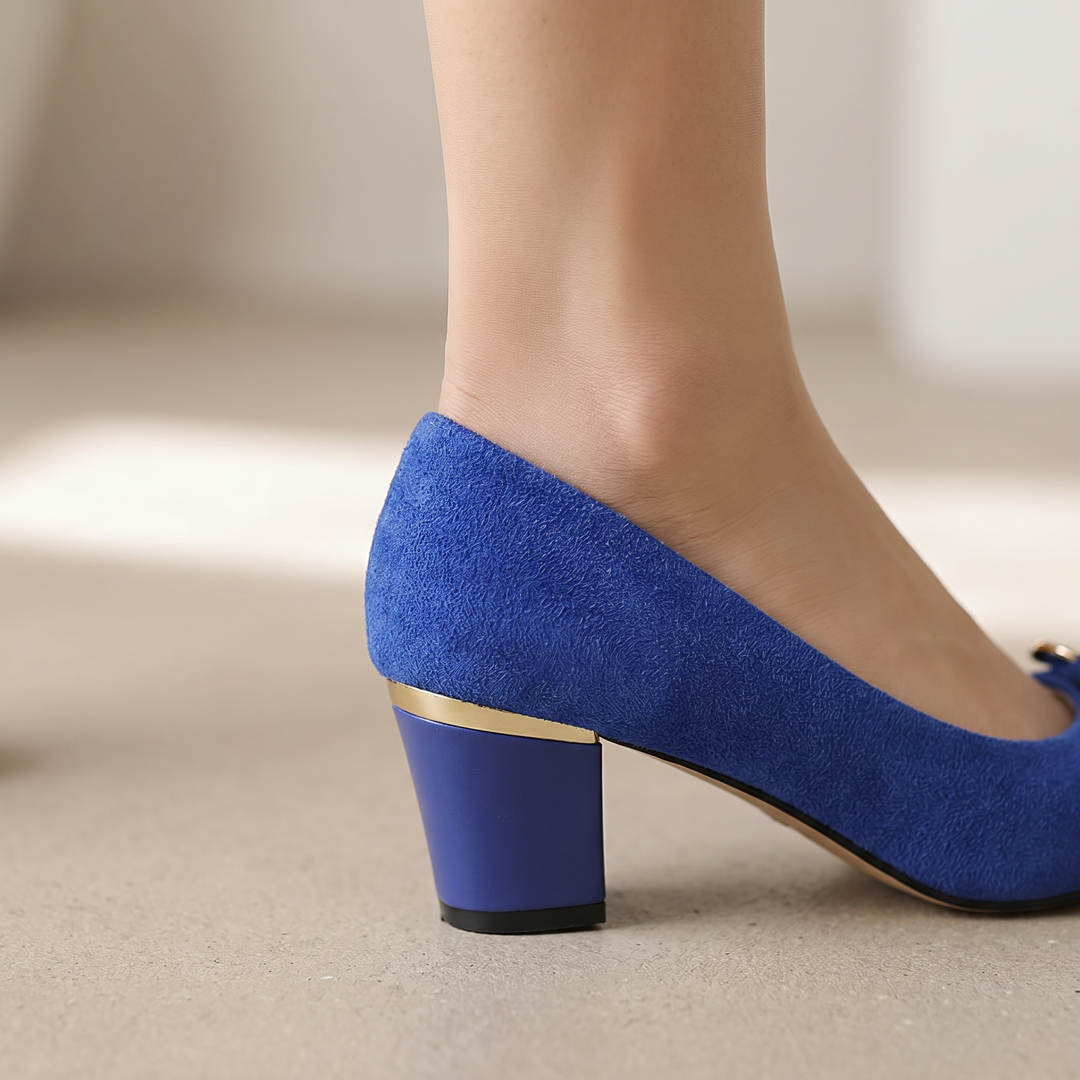Cobalt Reverie — Velvet Block Heel Pump with Jeweled Bow